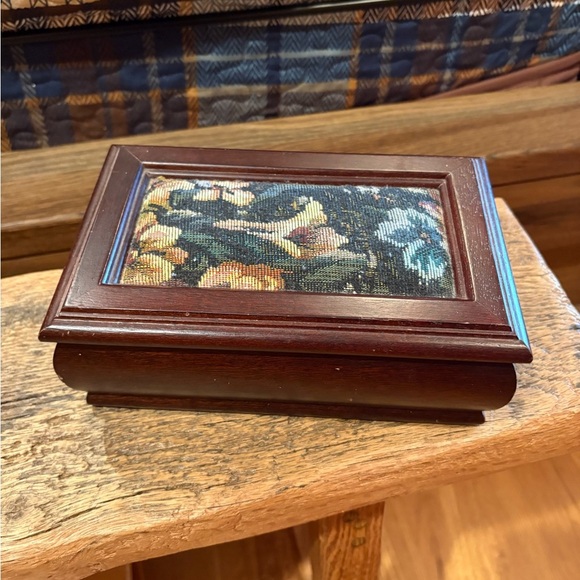 Vintage Wooden Jewelry Box with Floral Tapestry - Picture 1 of 12